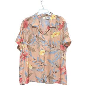 Linden Hill Silk Blouse 2X Loop Collar Hibiscus Tropical Resort 100% Silk